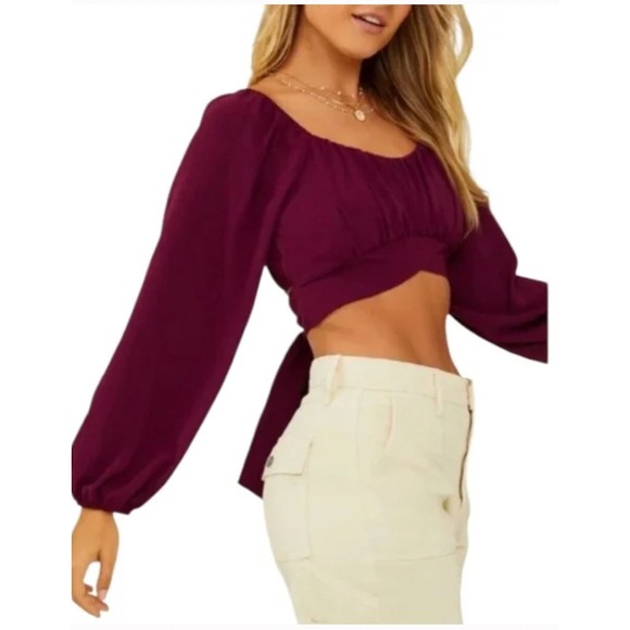 Altar'd State Tops - NWT Altar'd State Plum Purple Tie Front Crop Top Long Balloon Sleeve Boho Size L